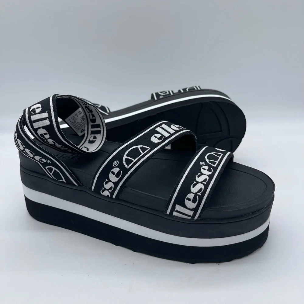 Ellesse Elina Text‎ AF 6-13587 Women's Size 8 Platform Sandals Black White Shoes
